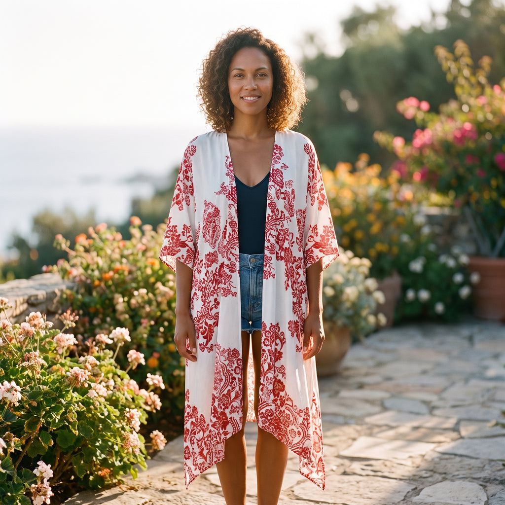 Kimono de plage long imprimé porcelaine rouge porté par un modèle souriant au bord de mer