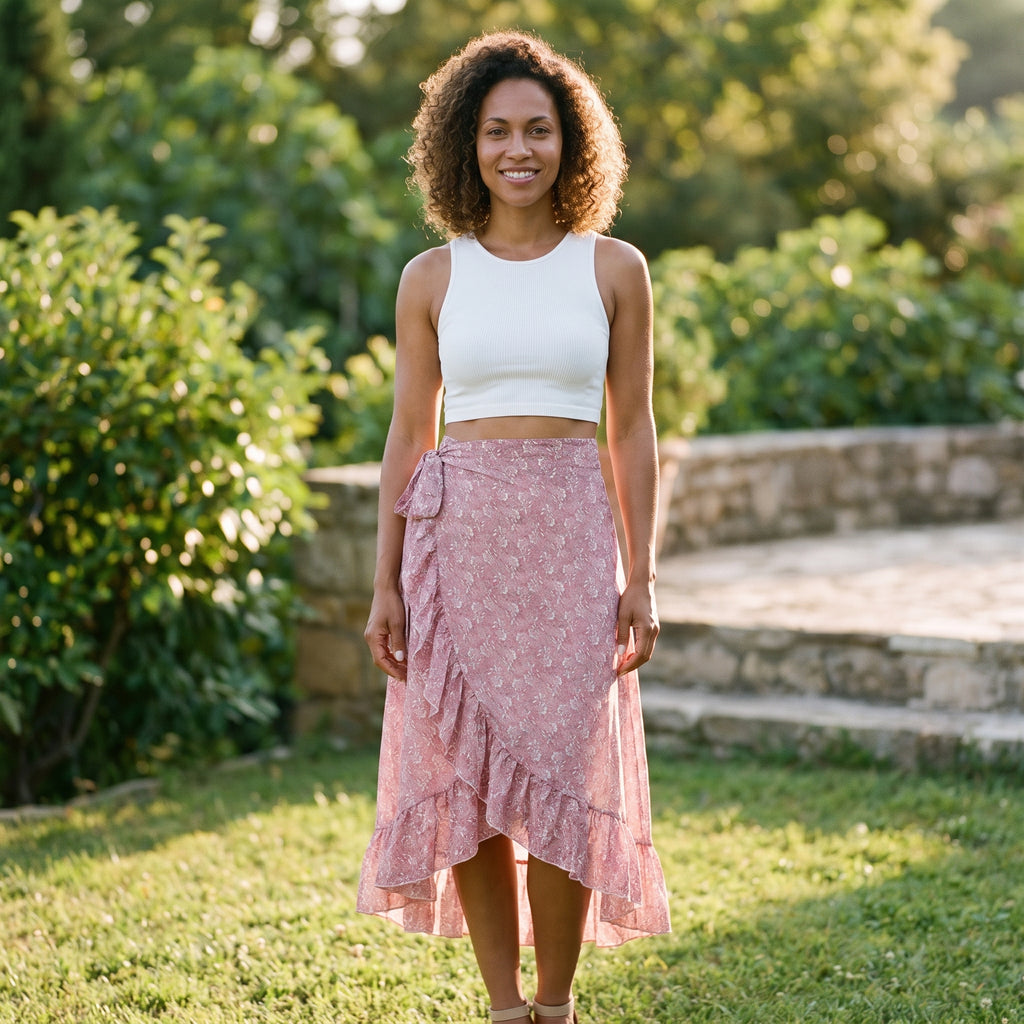 Jupe midi portefeuille rose à fleurs portée par un modèle souriant dans un jardin