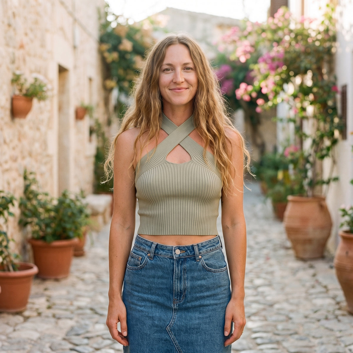 Crop-top côtelé croisé vert sauge porté par un modèle souriant en ruelle méditerranéenne