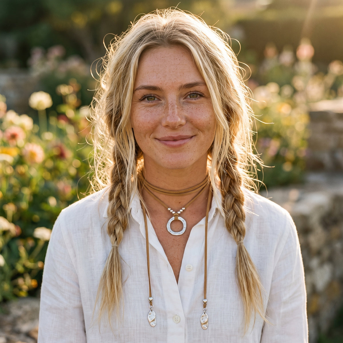 Collier bohème noué en un tour sur une chemise blanche, anneau martelé au sternum