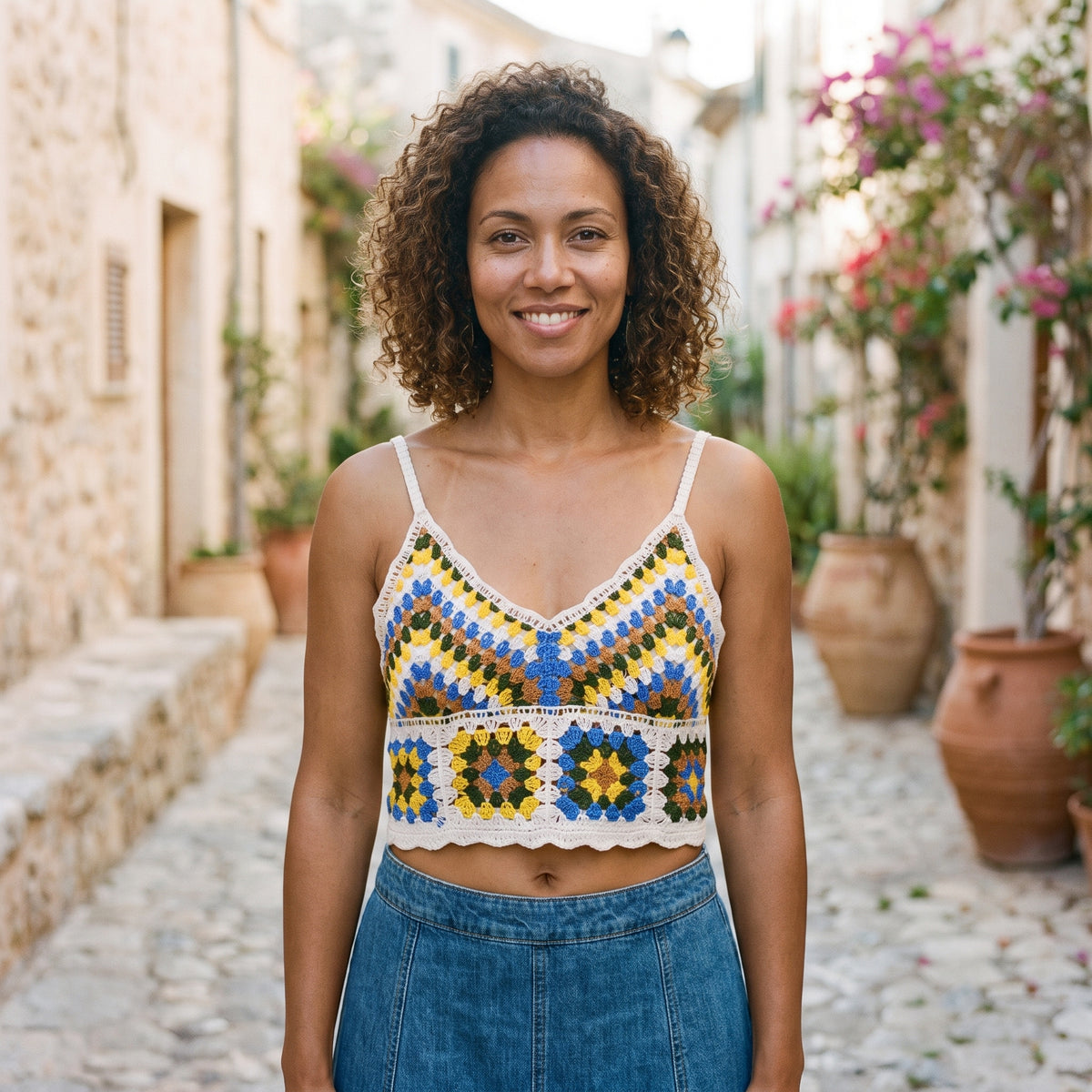 Brassière au crochet écrue à chevrons bleus portée par un modèle souriant
