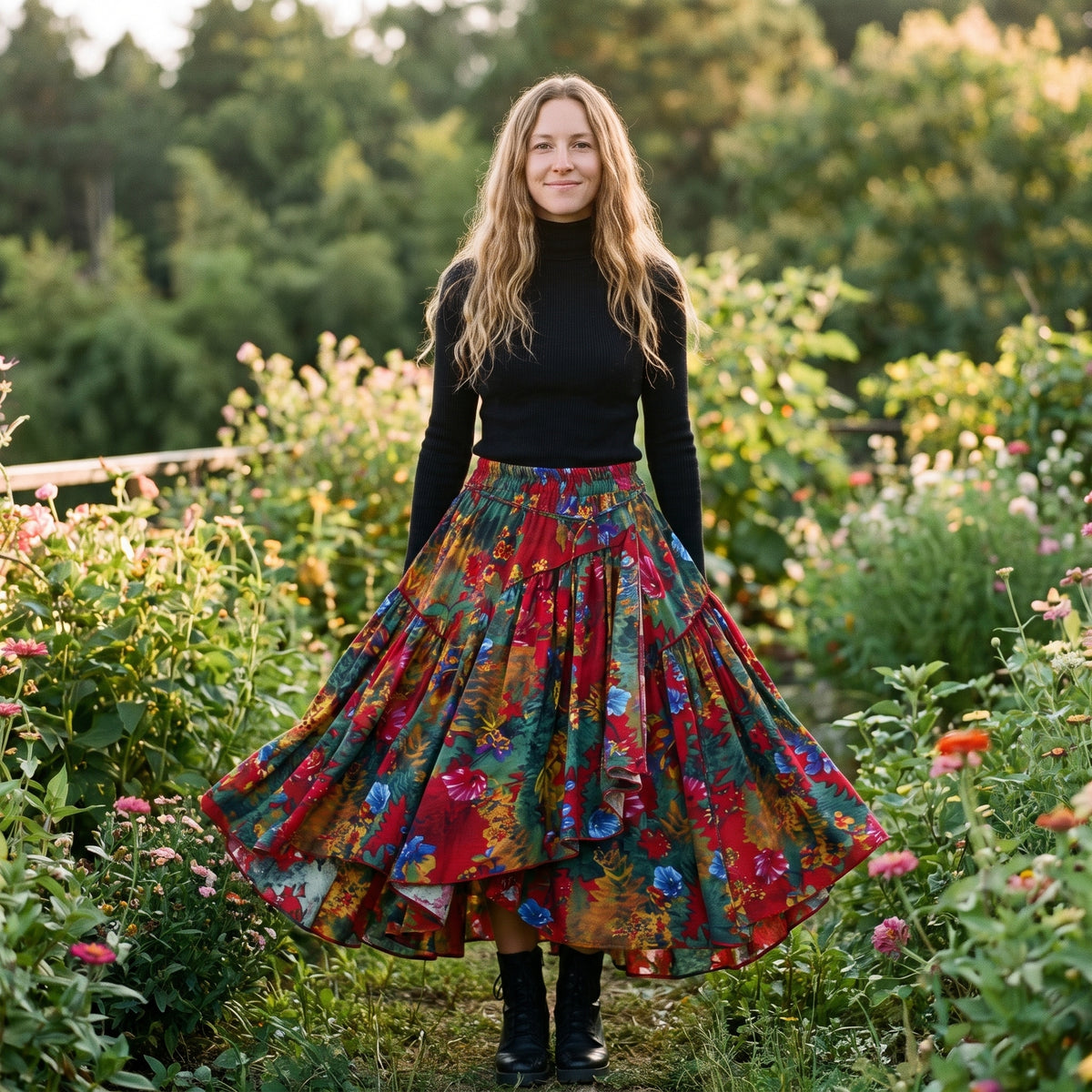 Jupe longue d'hiver bohème fleurie portée par un modèle souriant avec pull noir et bottines