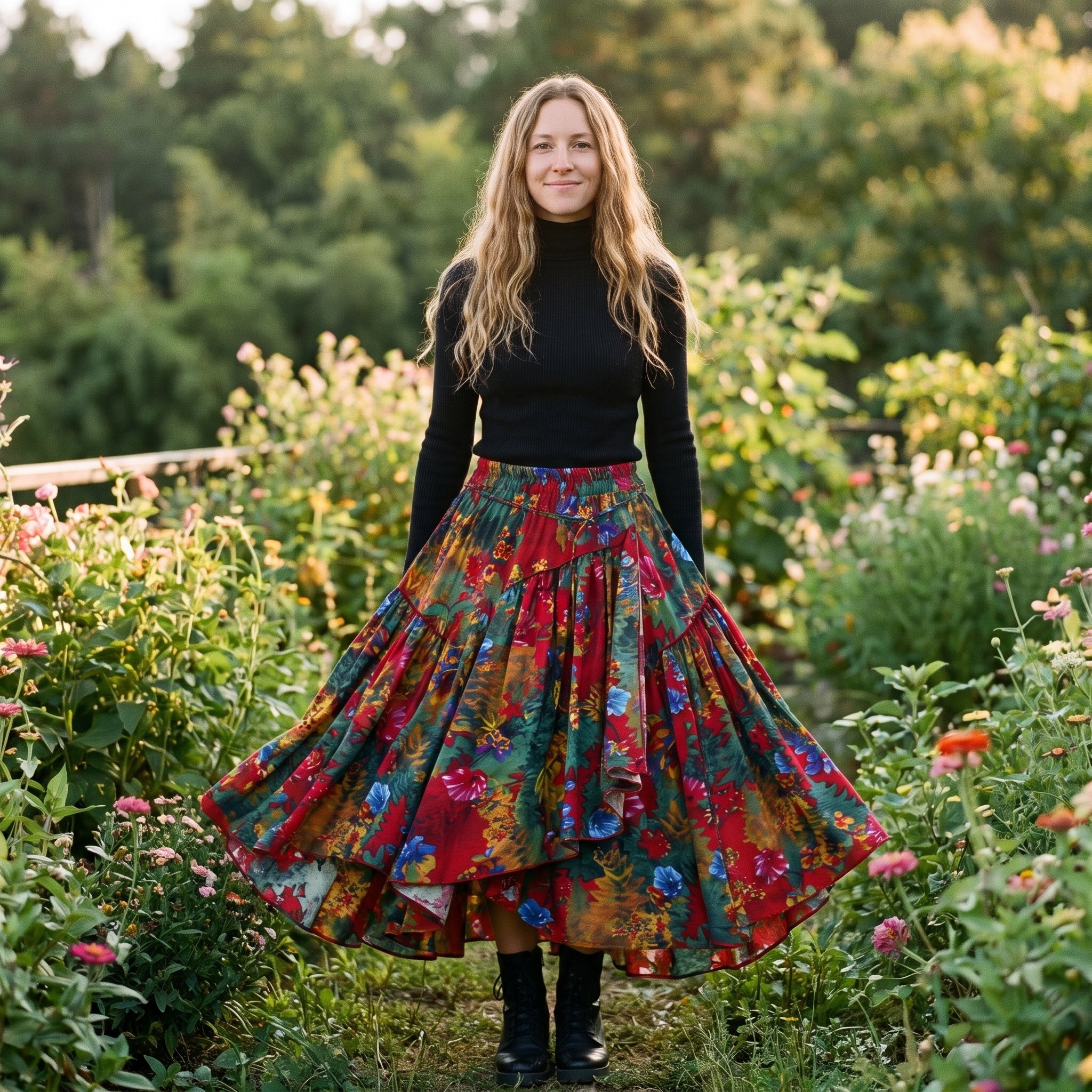 Jupe longue d'hiver bohème fleurie portée par un modèle souriant avec pull noir et bottines Image