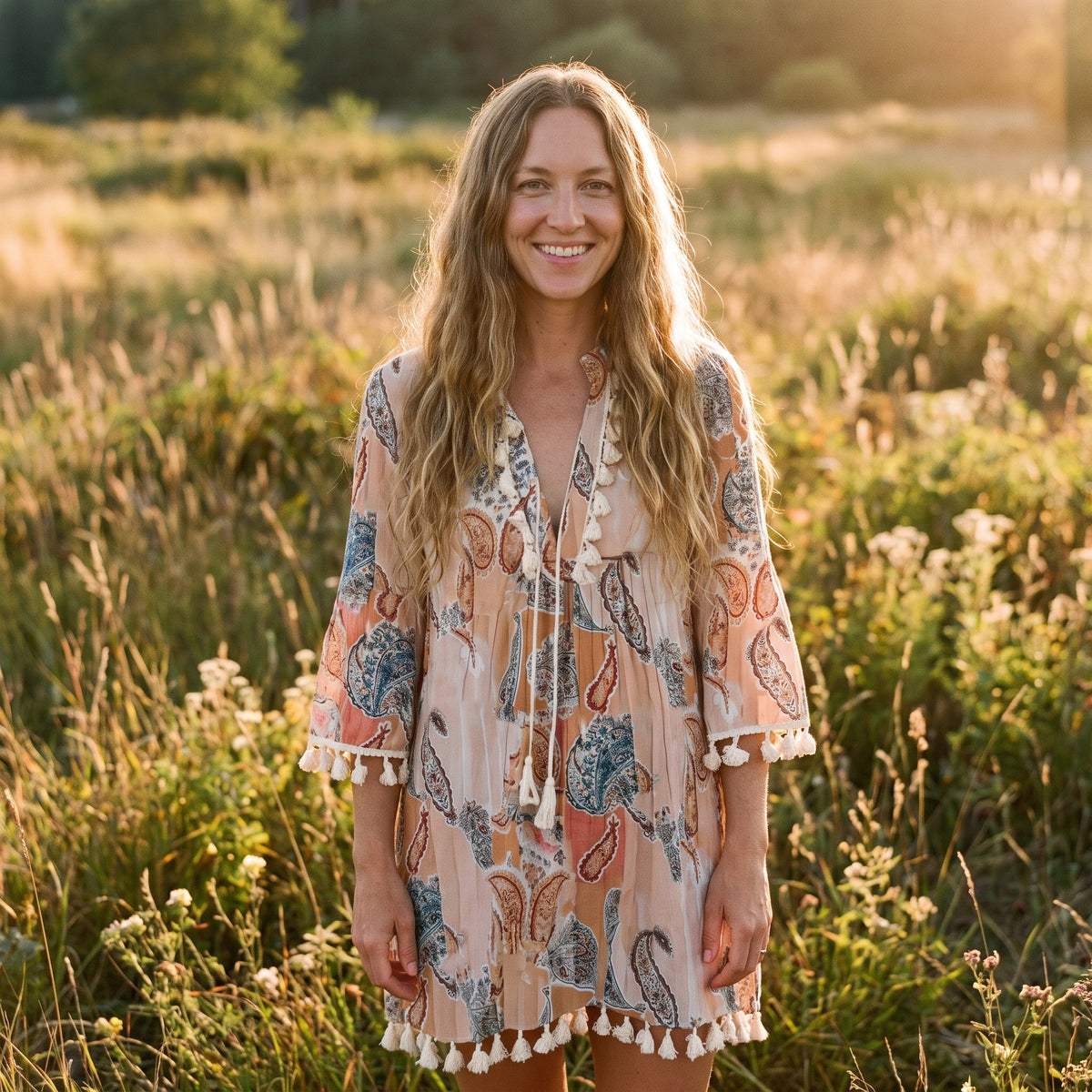 Robe hippie année 70 bohème à imprimé cachemire et pompons crème