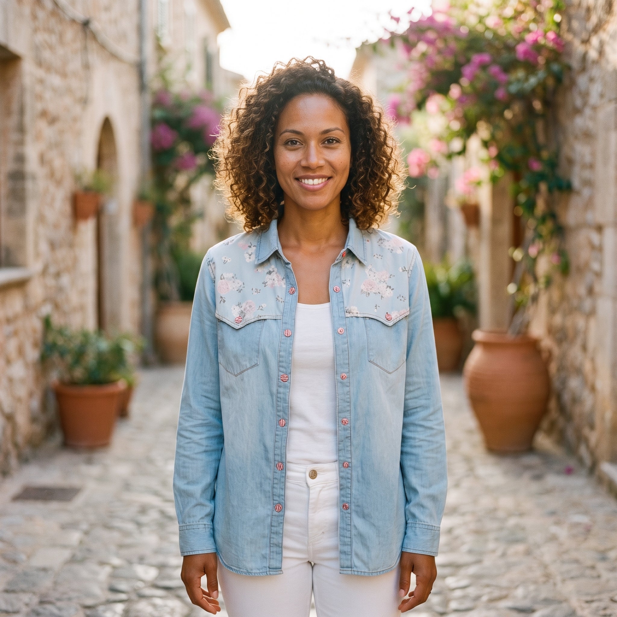 Chemise en jean femme à fleurs portée par un modèle souriant en ruelle méditerranéenne Image