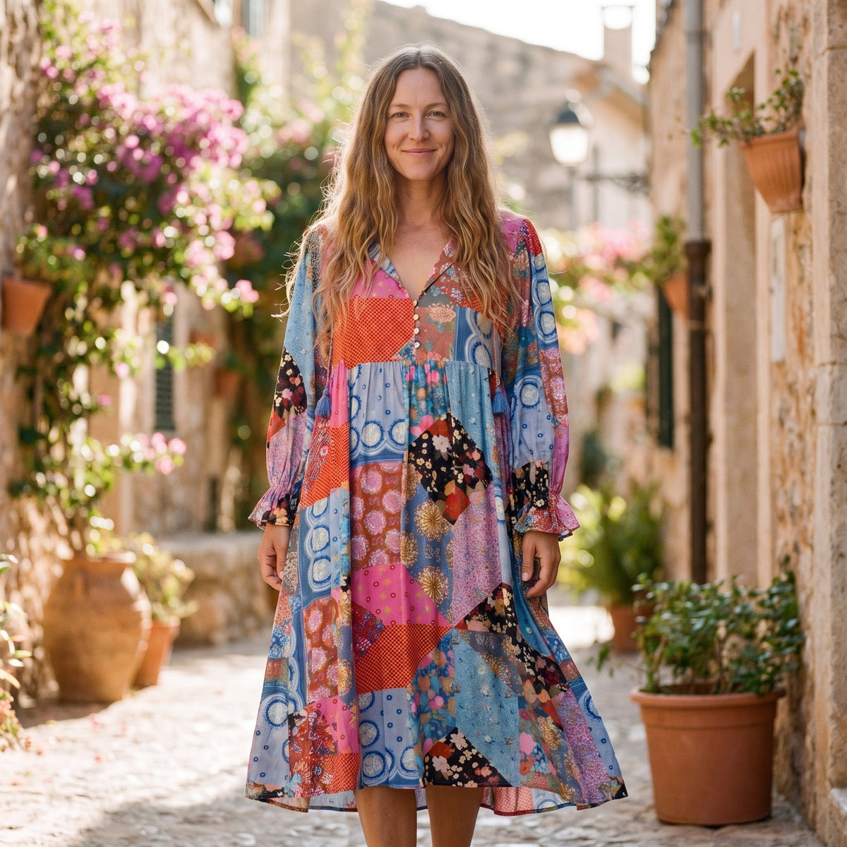 Robe midi bohème patchwork fleuri dominante violette portée par un modèle souriant en ruelle méditerranéenne