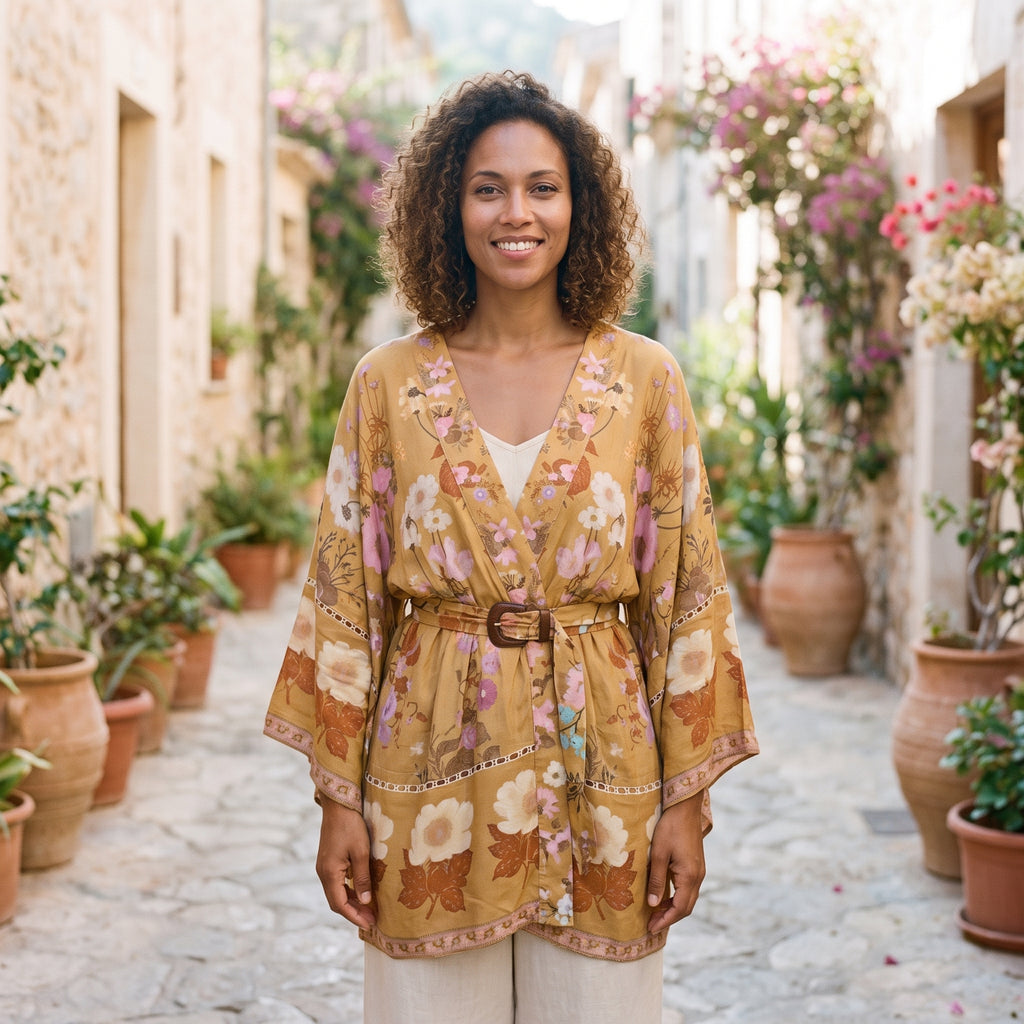 Modèle souriante portant le kimono bohème moutarde à fleurs ceinturé, ruelle méditerranéenne