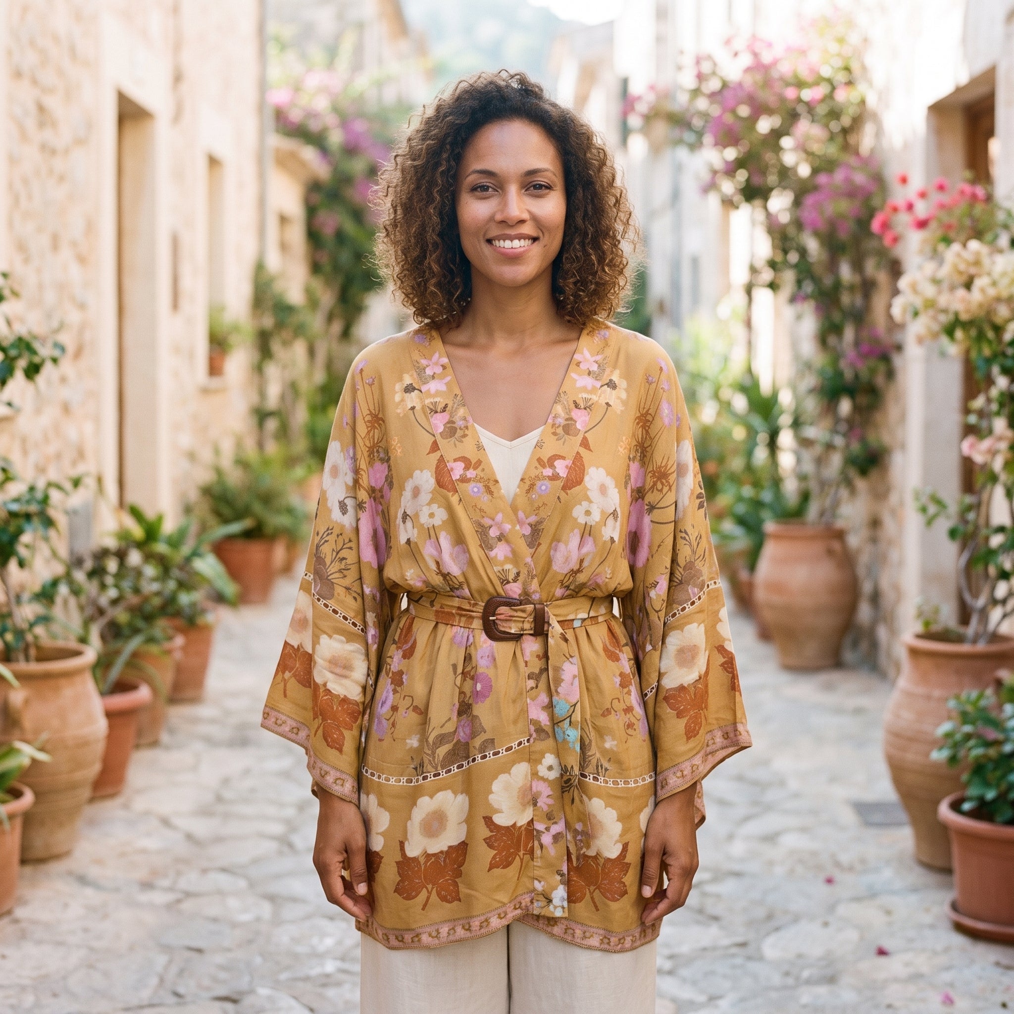 Modèle souriante portant le kimono bohème moutarde à fleurs ceinturé, ruelle méditerranéenne Image
