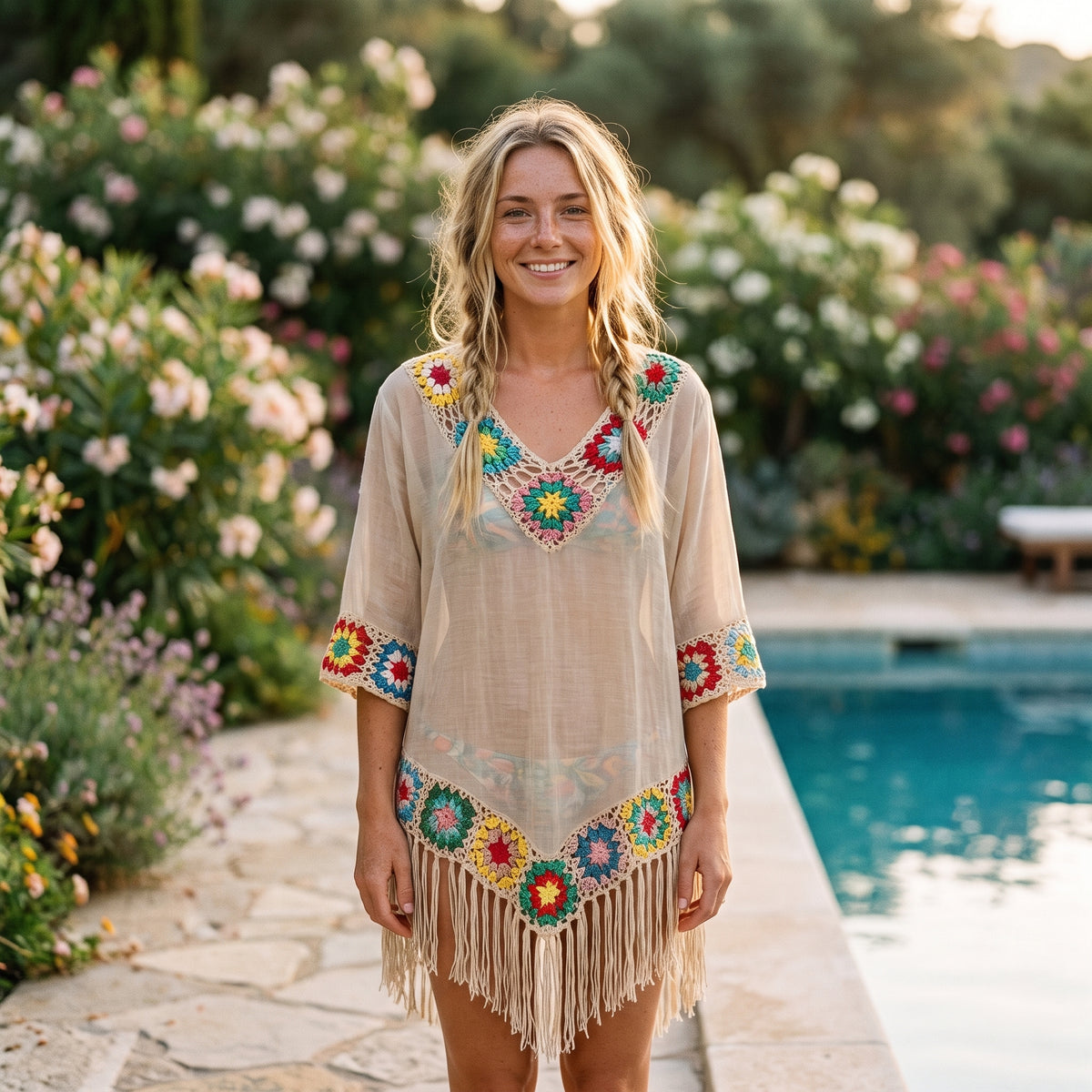 Tunique de plage crochet multicolore beige portée par un modèle souriant