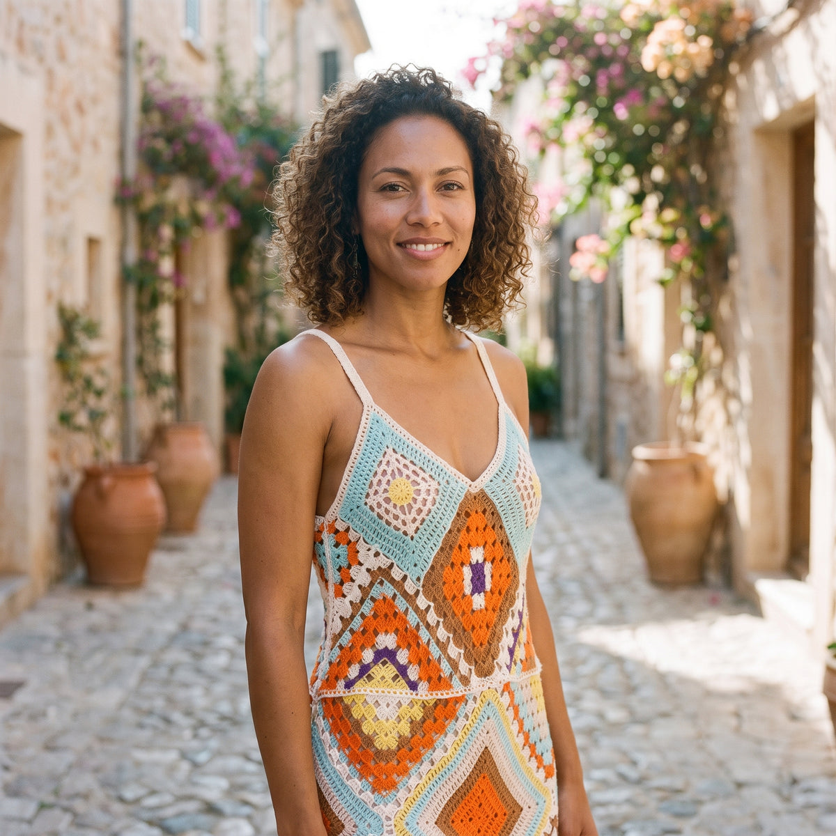 Modèle souriante portant la robe crochet bohème multicolore, ruelle méditerranéenne