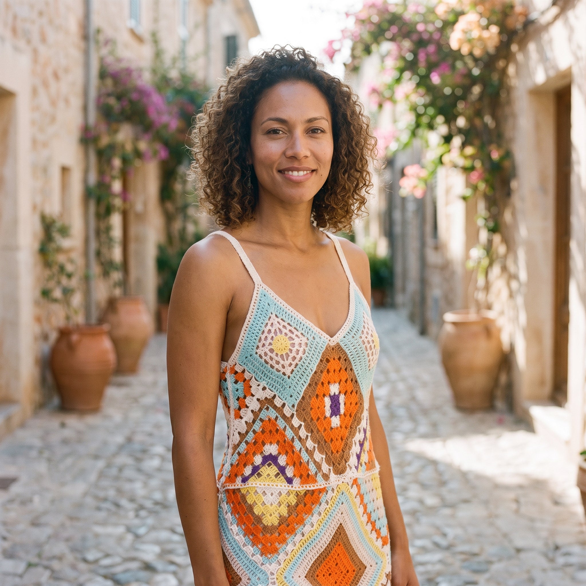Modèle souriante portant la robe crochet bohème multicolore, ruelle méditerranéenne Image