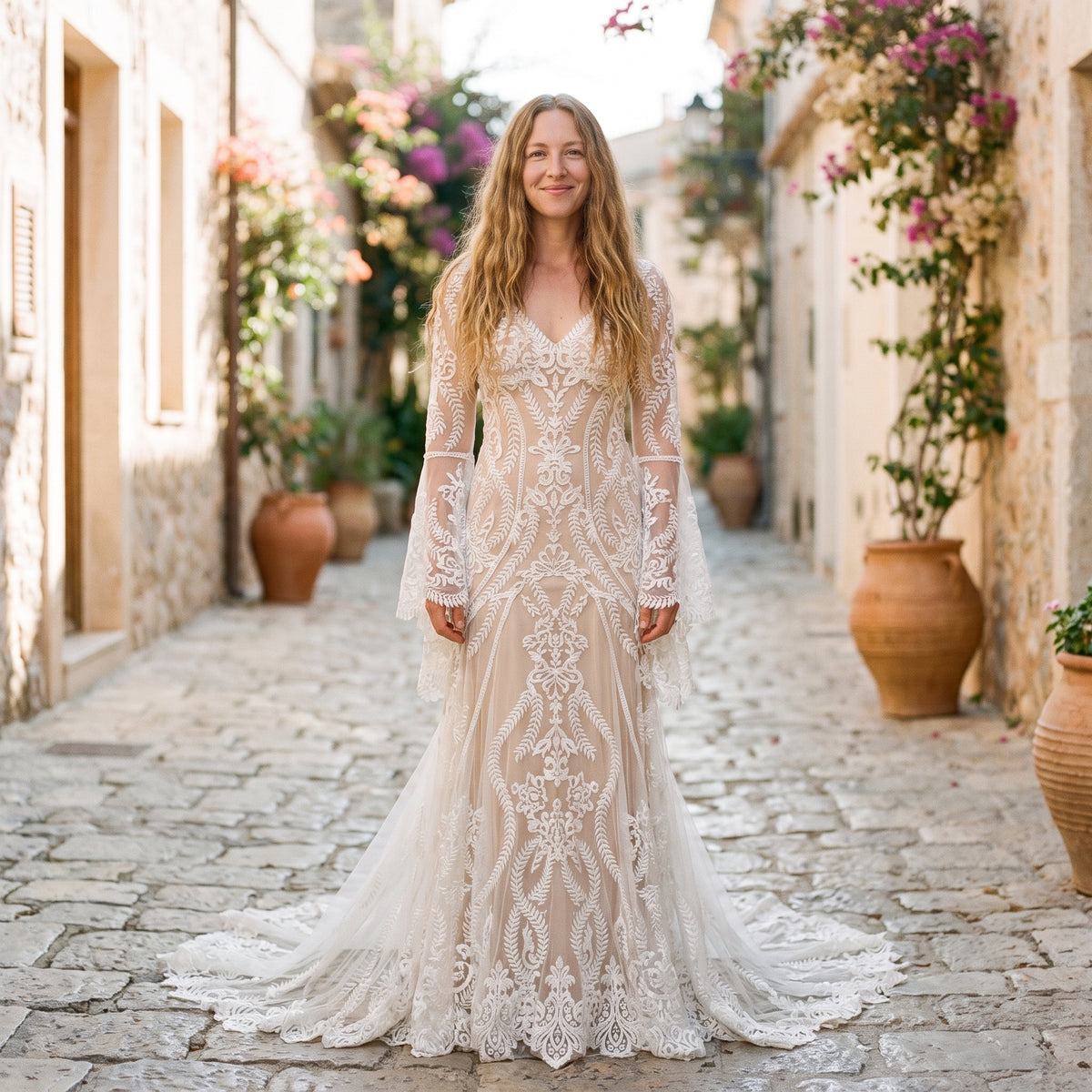 Robe de mariée bohème en dentelle portée par un modèle souriant, ruelle méditerranéenne