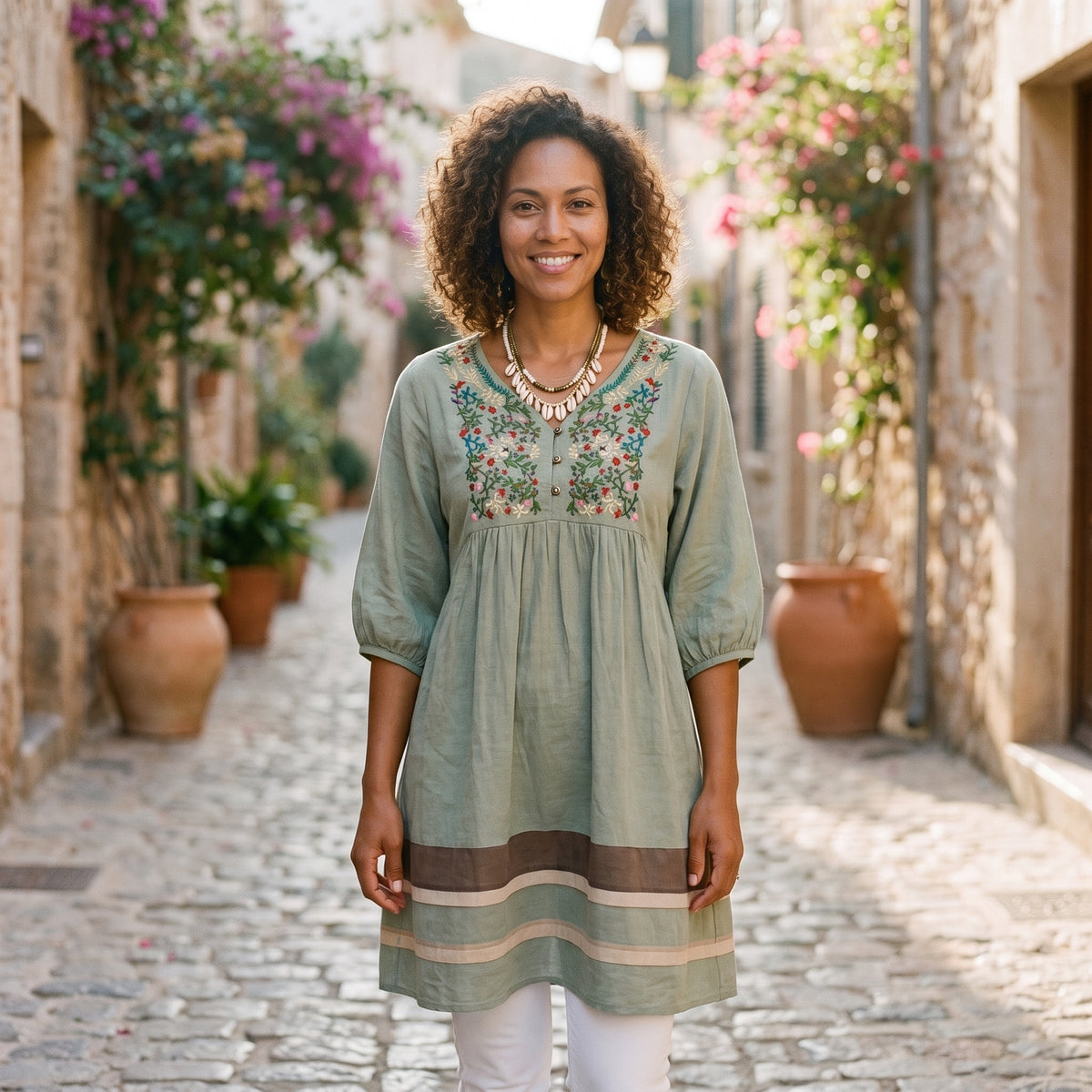 Robe-tunique mexicaine brodée verte portée par un modèle souriant