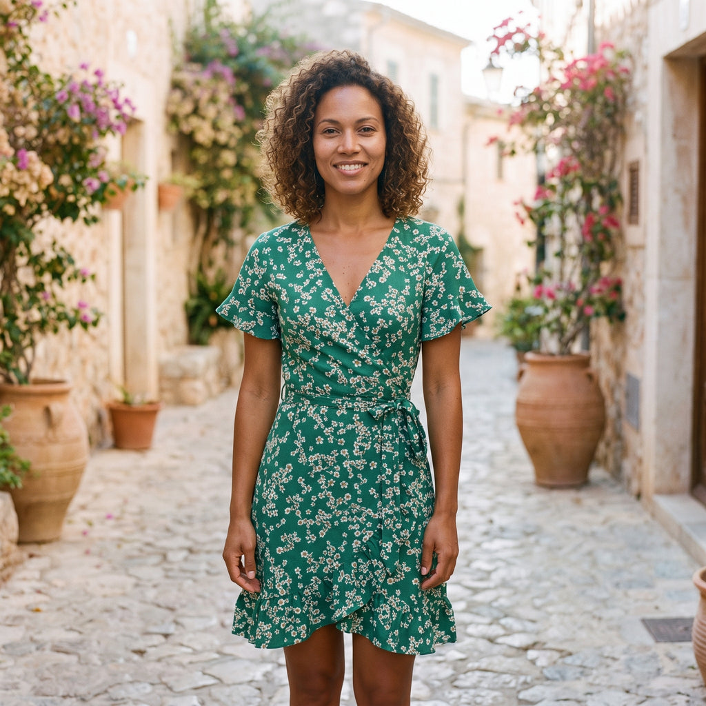 Modèle souriante portant la robe courte portefeuille verte à fleurs, ruelle méditerranéenne