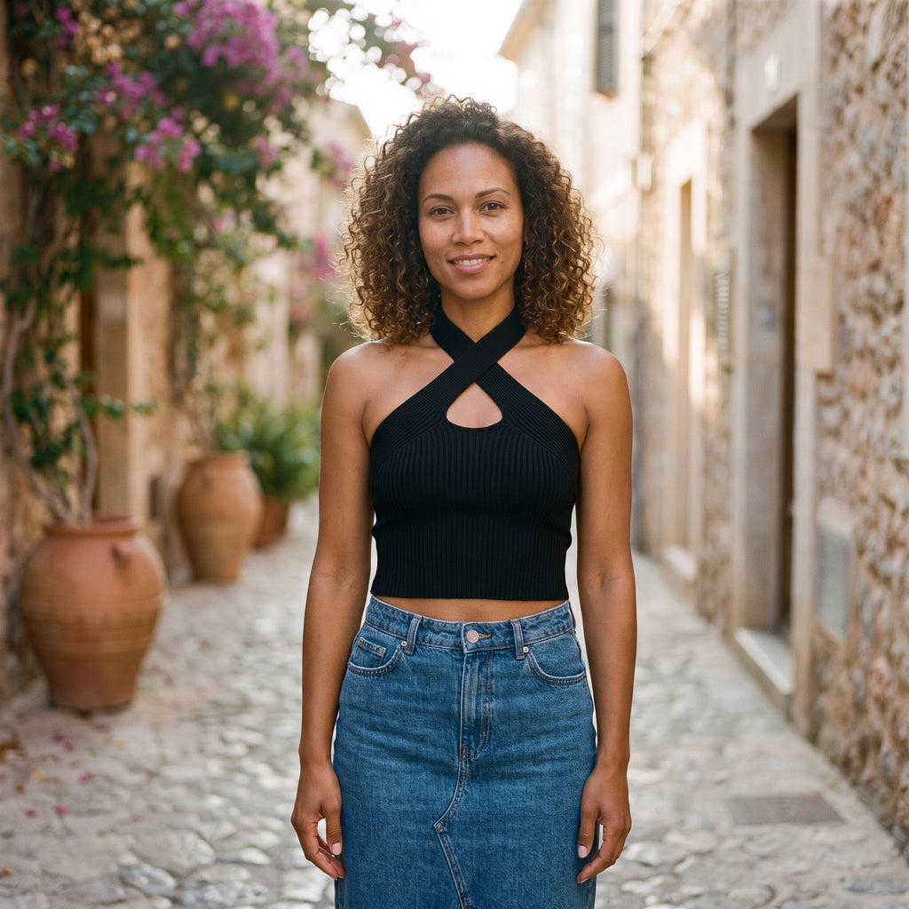 Crop-top côtelé col halter croisé noir porté par un modèle souriant