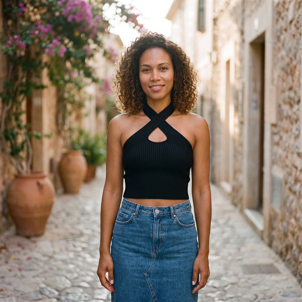 Crop-top côtelé col halter croisé noir porté par un modèle souriant