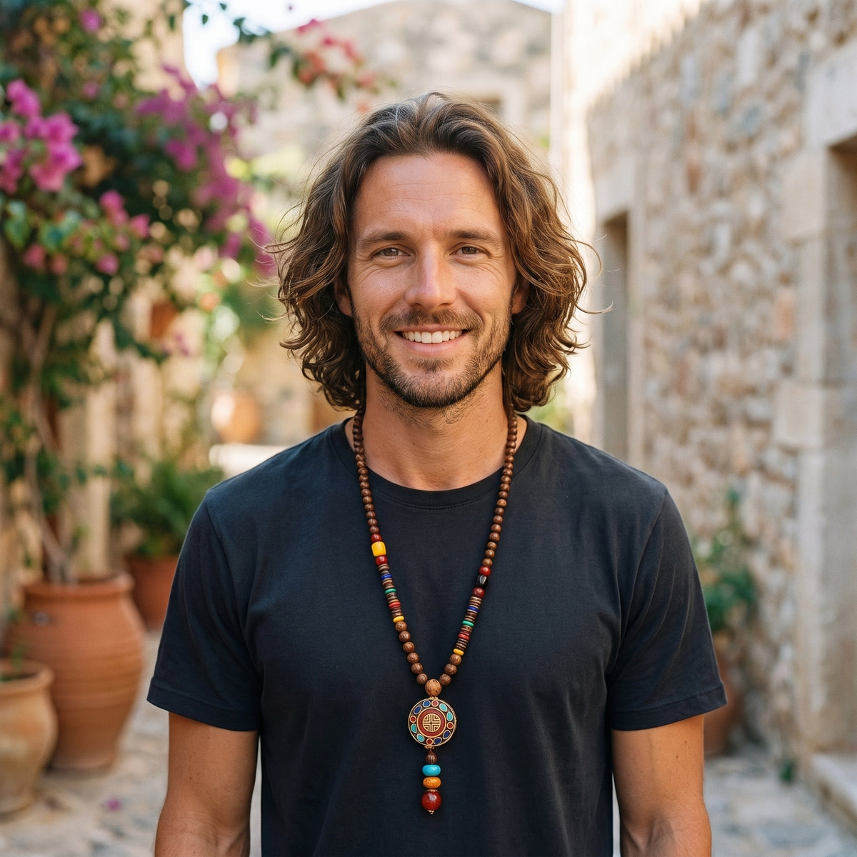 Collier hippie homme en perles de bois porté par un modèle souriant dans une ruelle