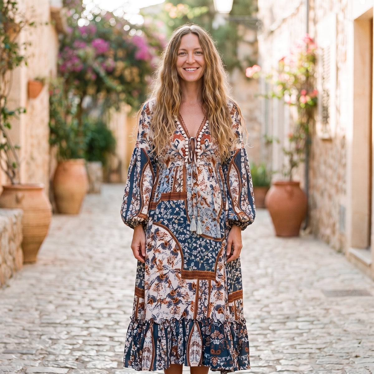 Modèle souriante portant la robe maxi bohème folk à imprimé patchwork, ruelle méditerranéenne