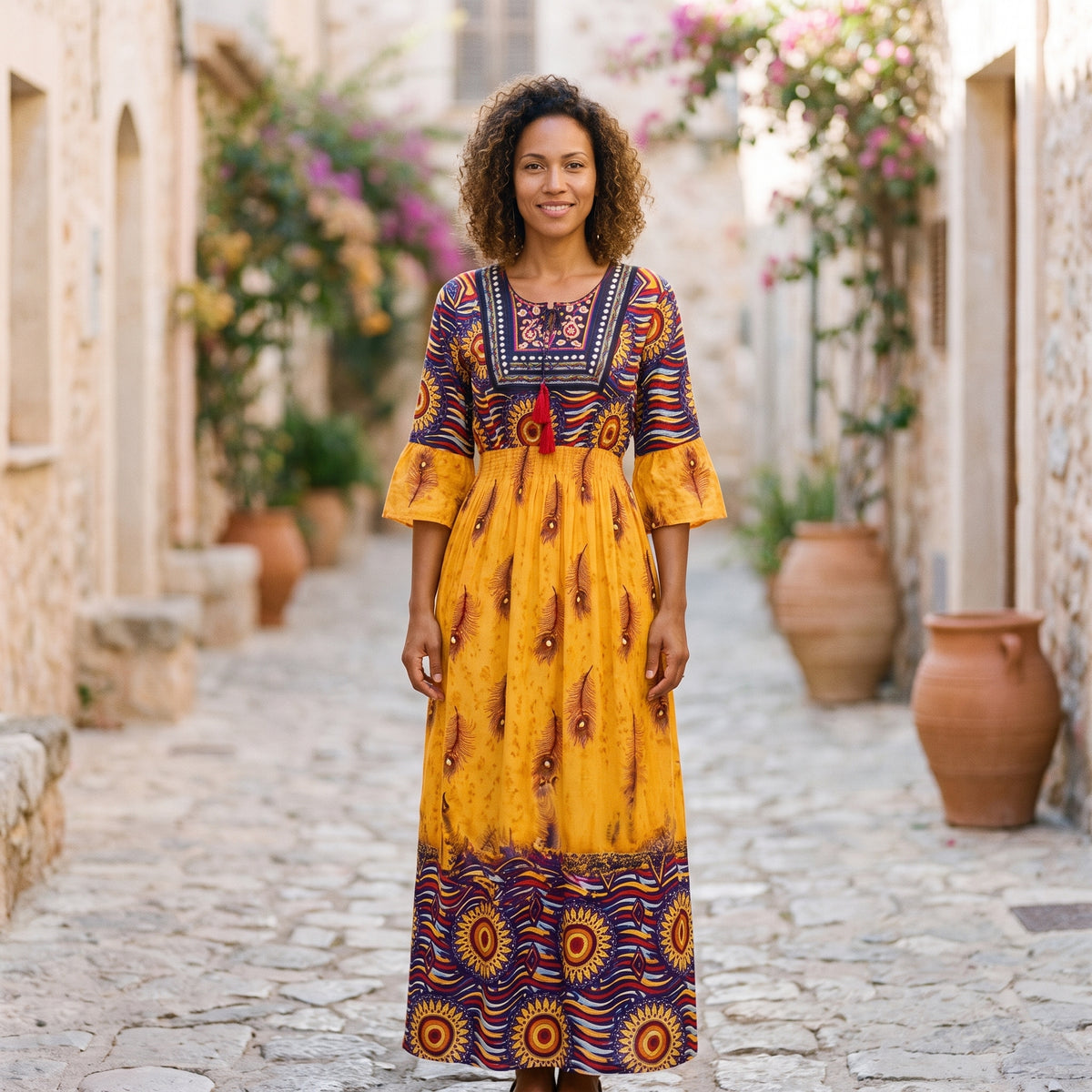 Robe longue indienne jaune brodée portée par un modèle souriant en ruelle méditerranéenne