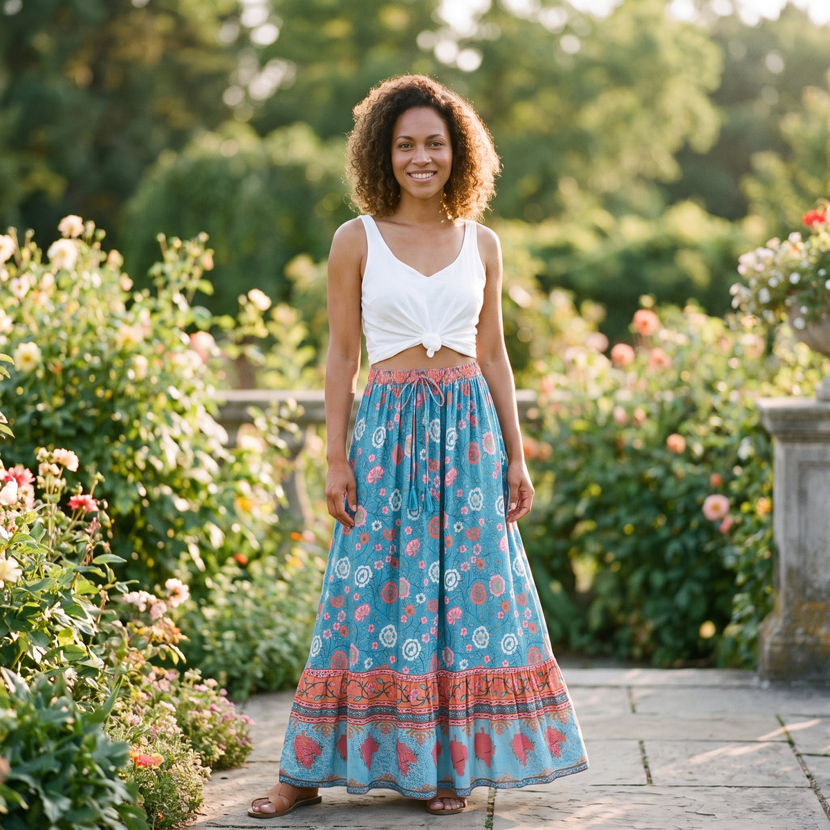 Jupe longue bohème turquoise à fleurs portée par un modèle souriant dans un jardin
