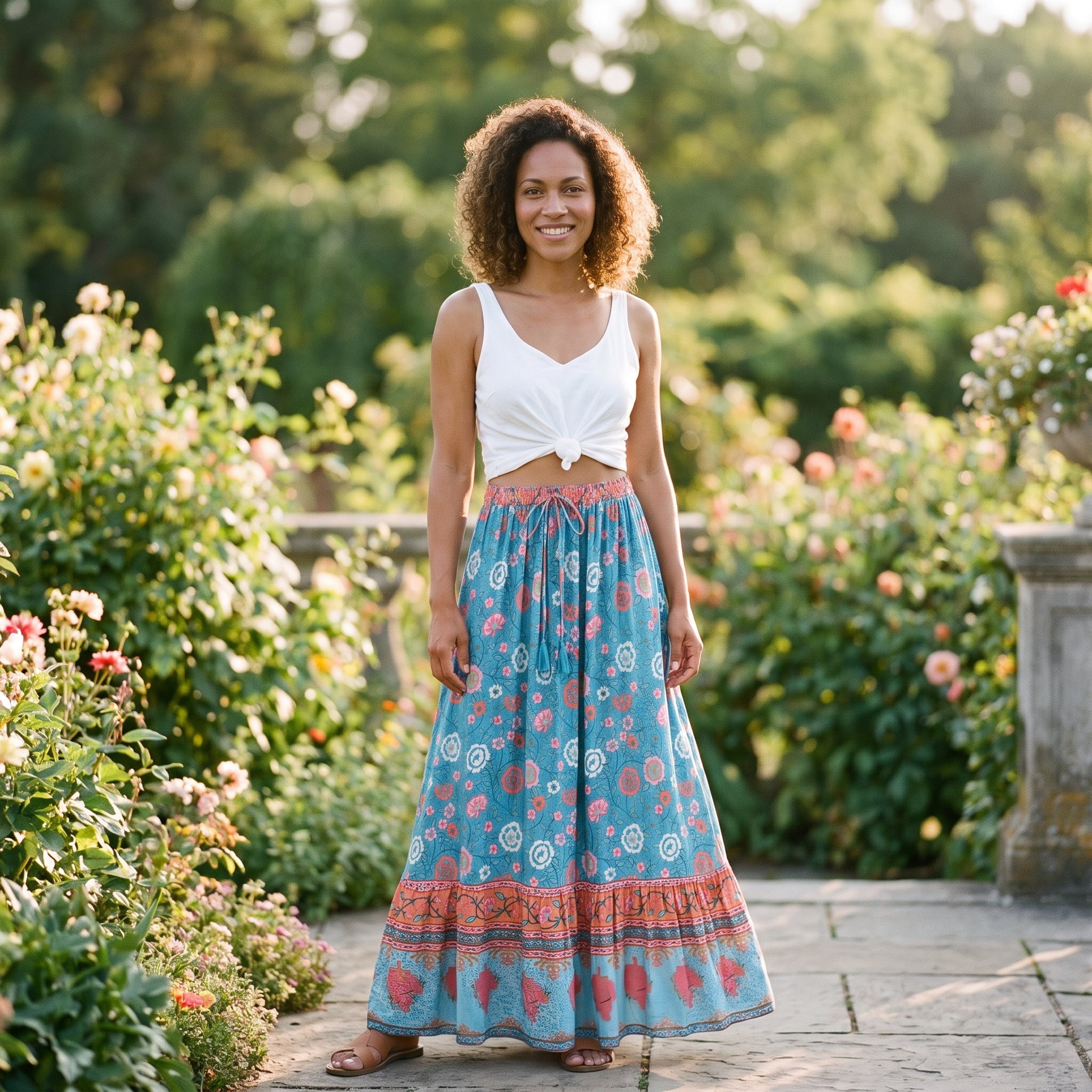 Jupe longue bohème turquoise à fleurs portée par un modèle souriant dans un jardin Image