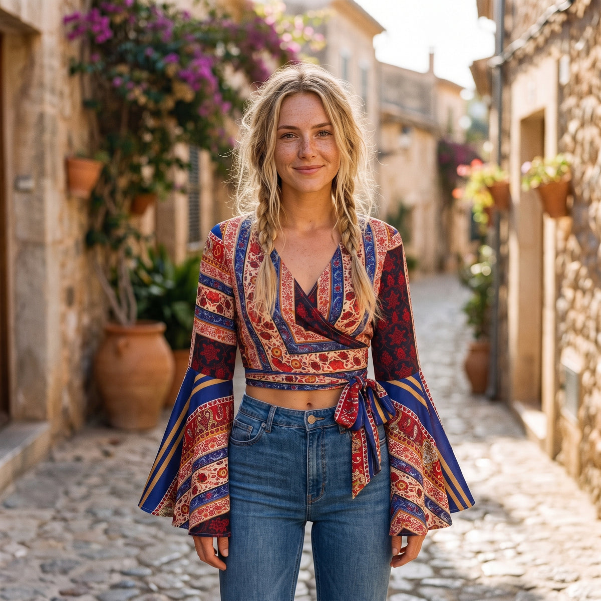 Crop-top bohème 70s cache-coeur bleu et rouge à manches pagode porté par un modèle souriant