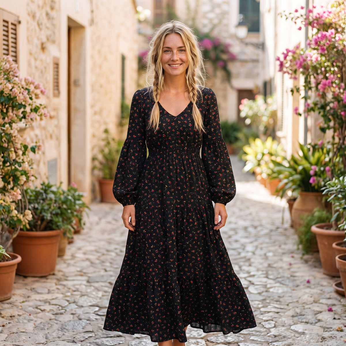 Modèle souriante portant la robe longue bohème noire à fleurs, ruelle méditerranéenne
