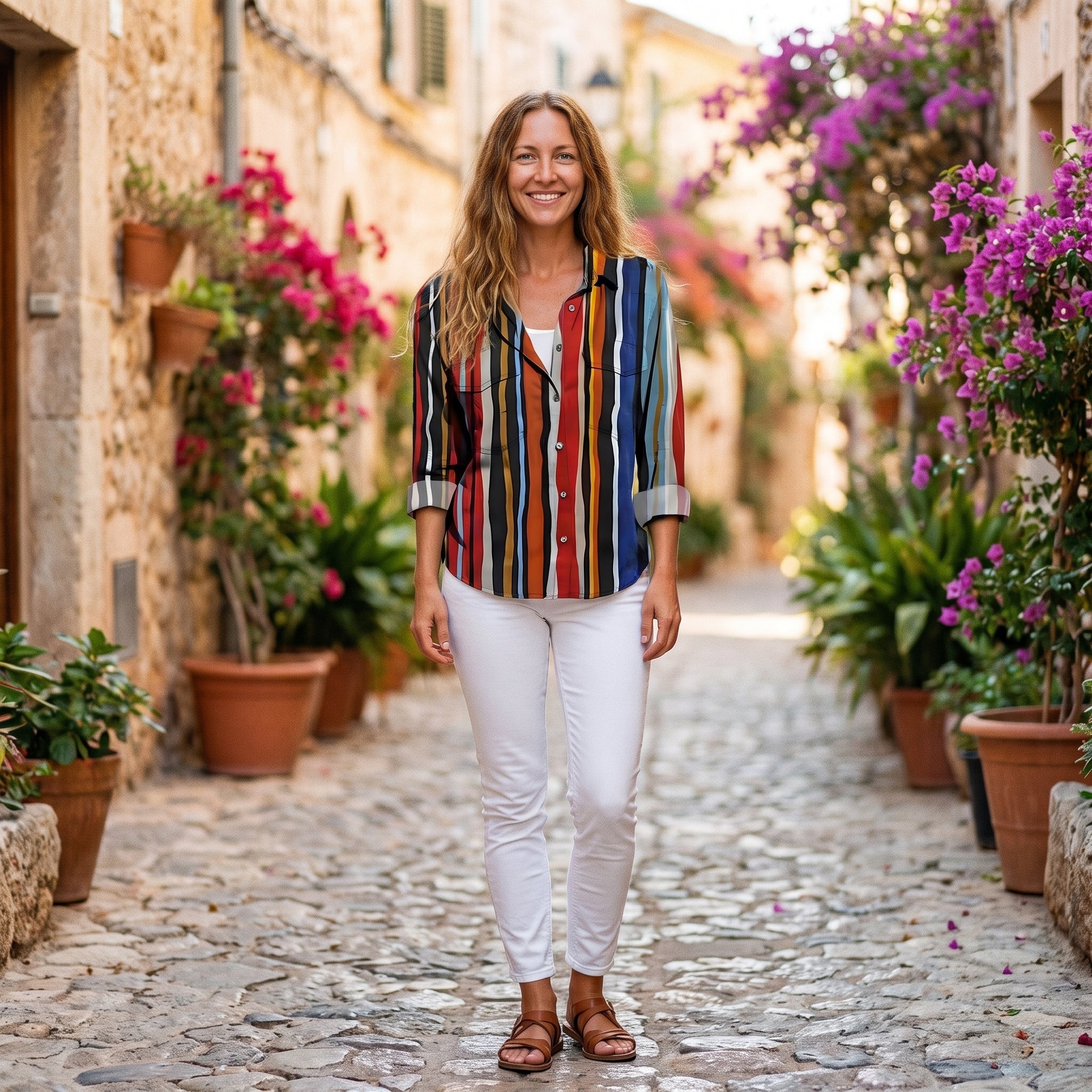 Chemise femme à rayures multicolores portée par un modèle souriant en ruelle méditerranéenne Image