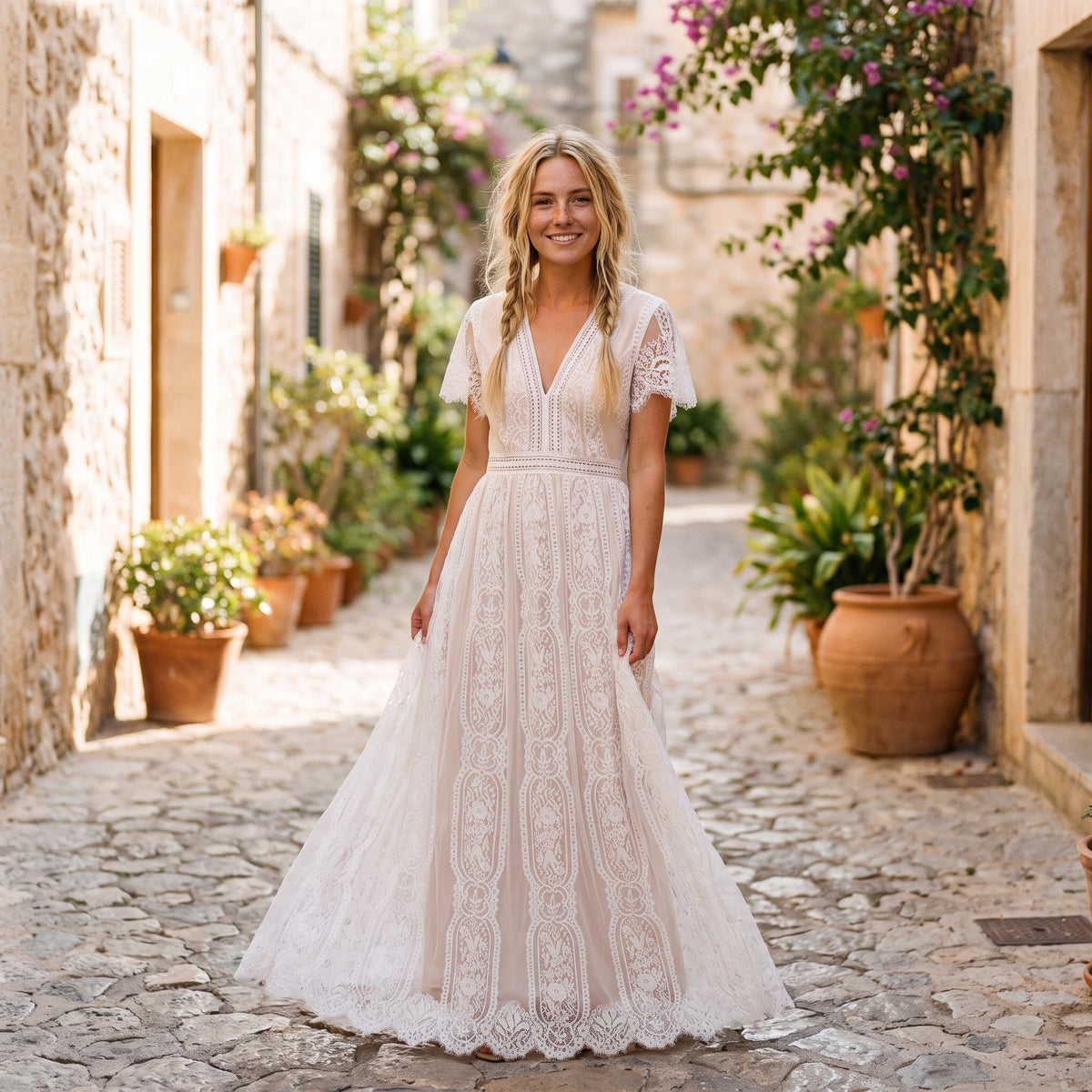 Robe longue bohème en dentelle blanche portée par un modèle souriant, ruelle méditerranéenne