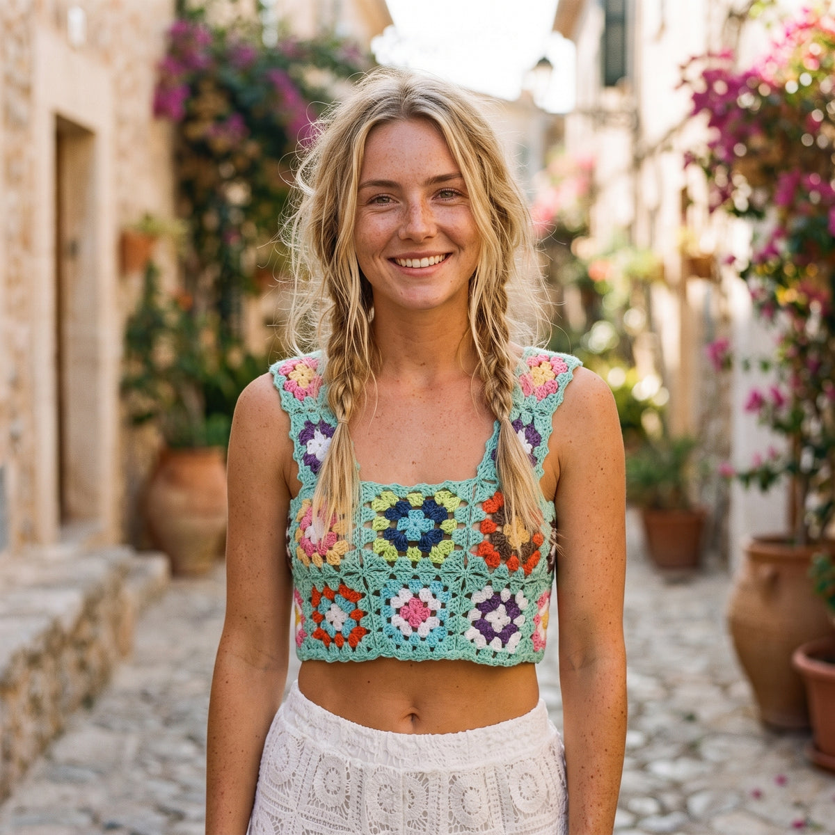 Crop-top au crochet vert d'eau à fleurs multicolores porté par un modèle souriant en rue