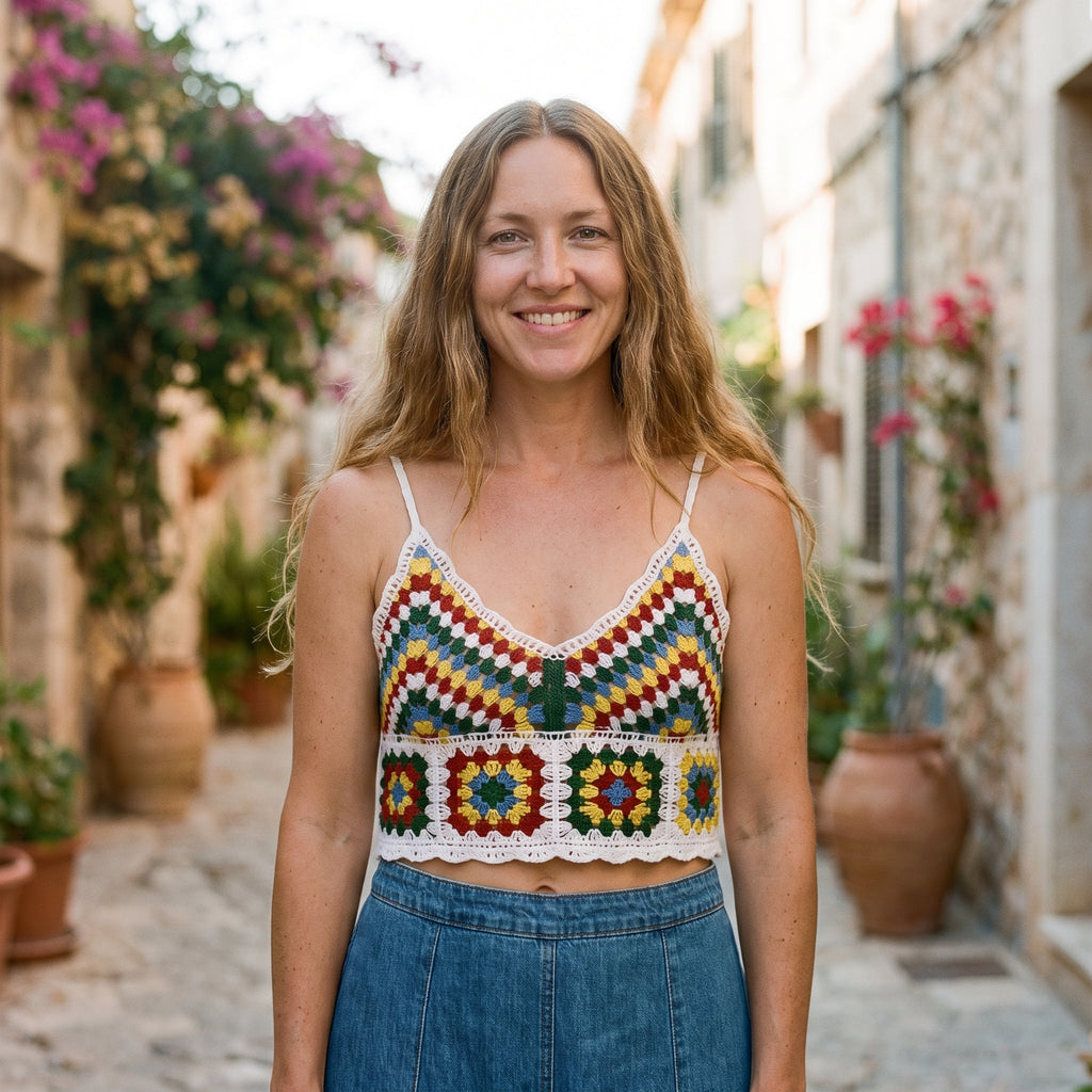 Brassière au crochet écrue à chevrons verts et multicolores portée par un modèle souriant