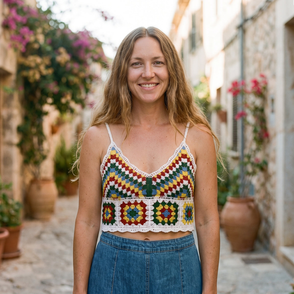 Brassière au crochet écrue à chevrons verts et multicolores portée par un modèle souriant