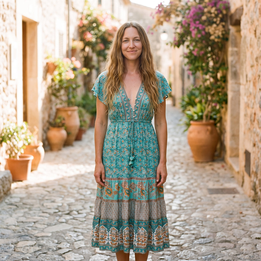 Robe midi bohème fleurie turquoise portée par un modèle souriant, ruelle méditerranéenne