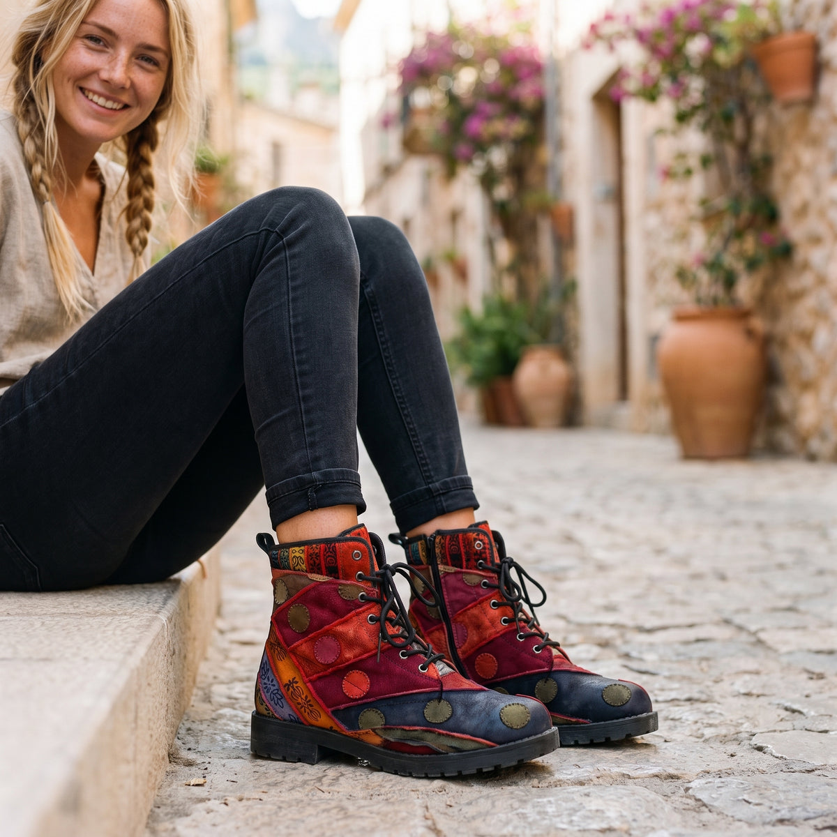 Modèle souriante portant les bottines hippie patchwork multicolores, assise dans une ruelle méditerranéenne