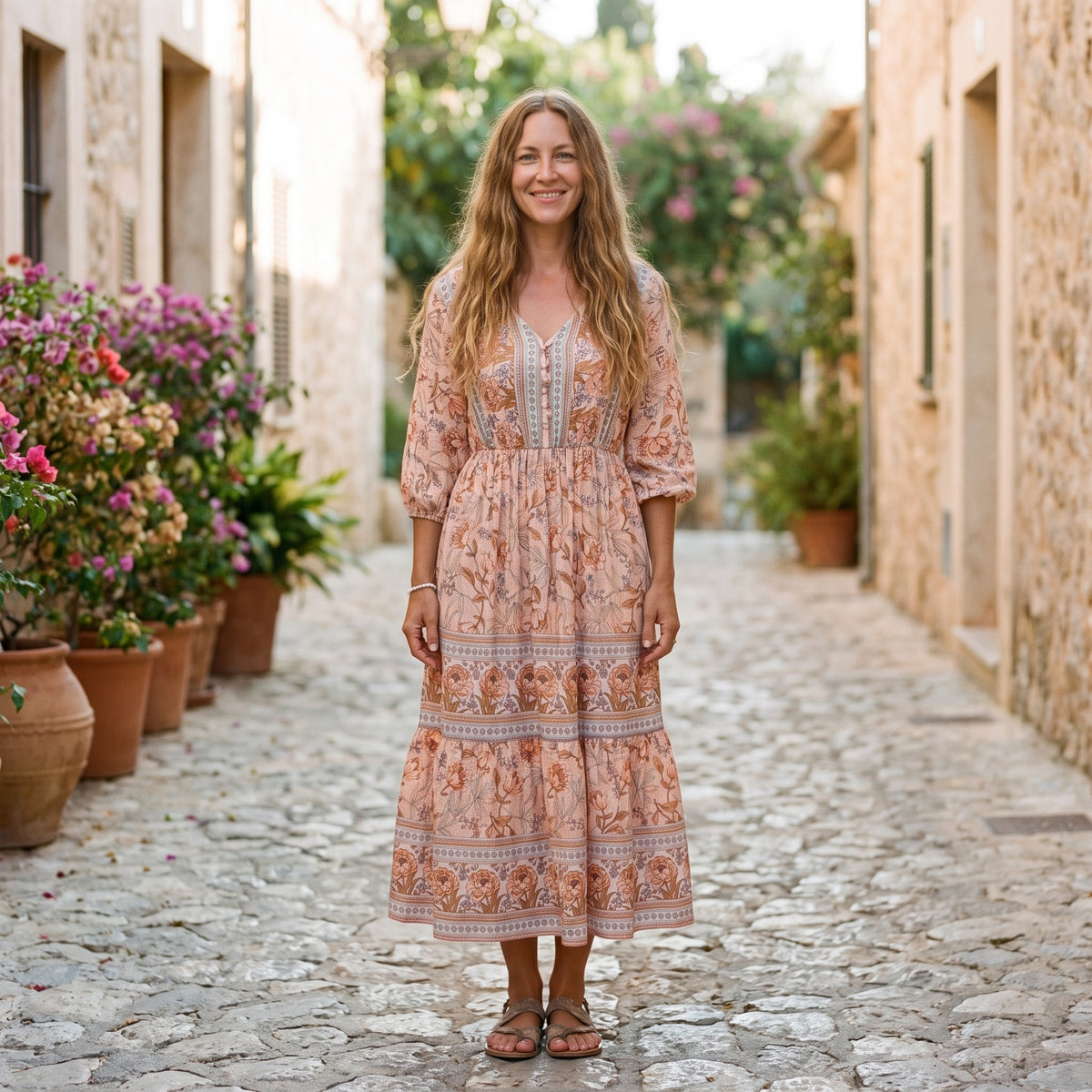 Robe midi bohème fleurie portée par un modèle souriant, ruelle méditerranéenne