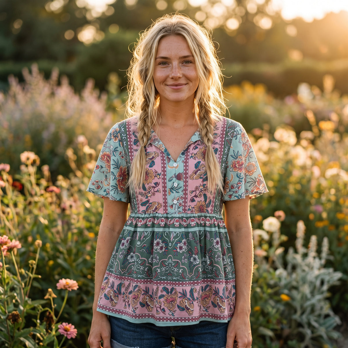 Blouse bohème fleurie à volant portée par un modèle souriant dans un jardin