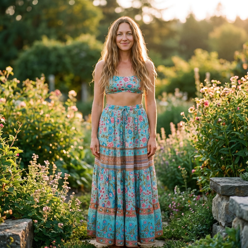 Jupe longue bohème turquoise fleurie portée par un modèle souriant dans un jardin