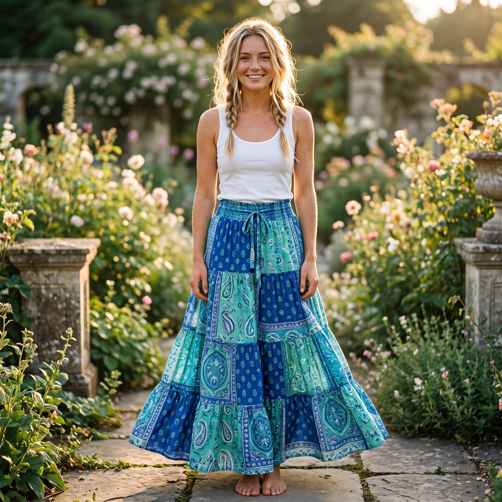 Jupe longue gitane patchwork bleu turquoise portée par un modèle souriant