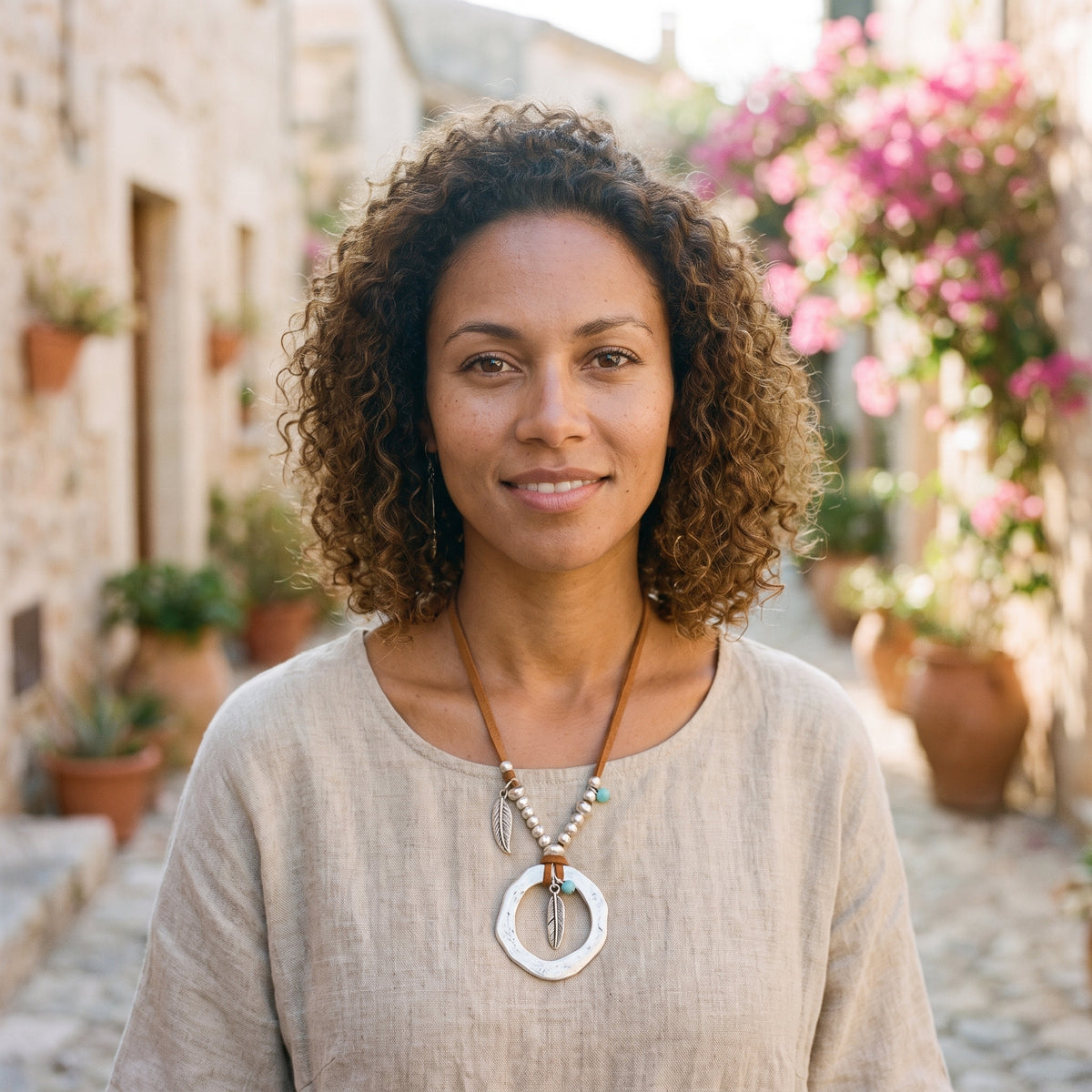 Modèle souriante portant le collier bohème hippie, pendentif anneau et plume argentée en ruelle méditerranéenne