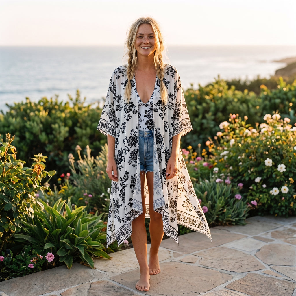 Kimono de plage long imprimé porcelaine noir porté par un modèle souriant