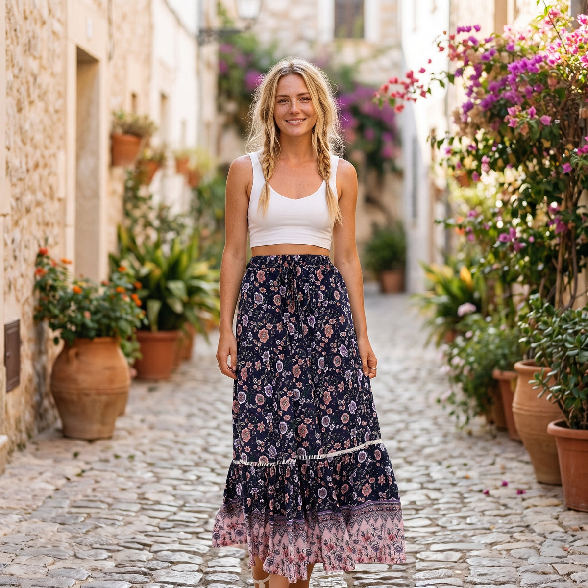 Jupe longue bohème bleu marine à fleurs portée par un modèle souriant