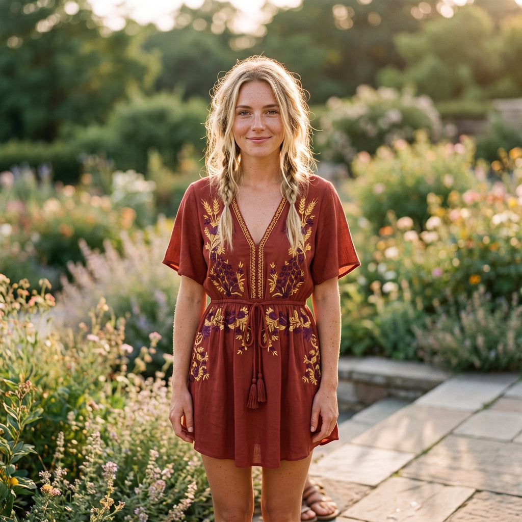 Robe-tunique bohème brodée rouge brique portée par un modèle souriant