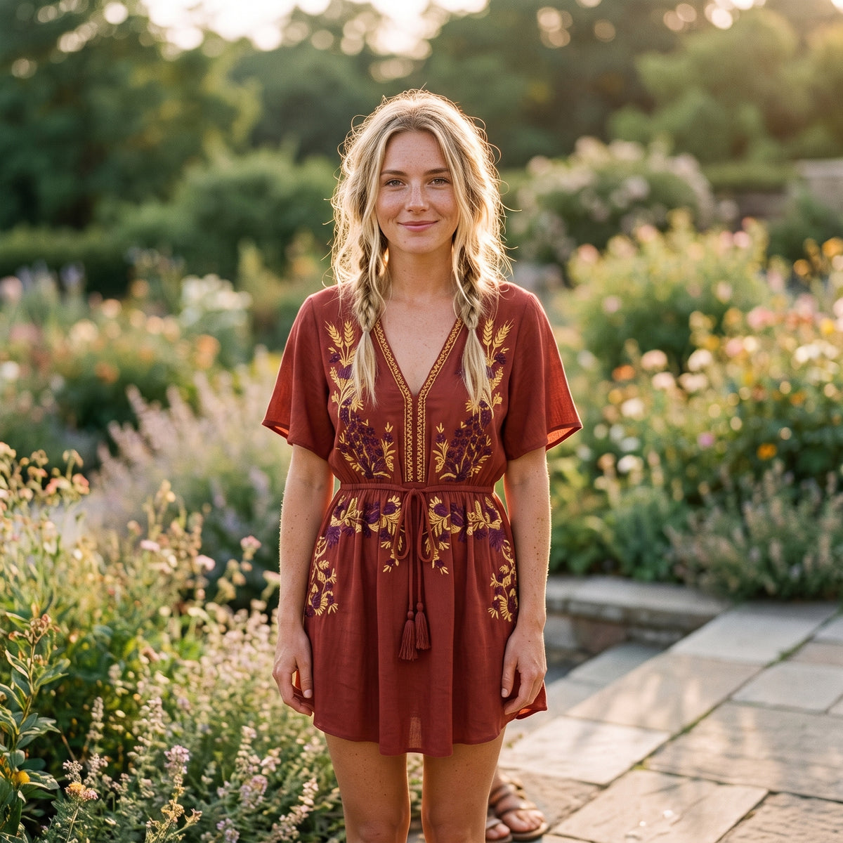 Robe-tunique bohème brodée rouge brique portée par un modèle souriant