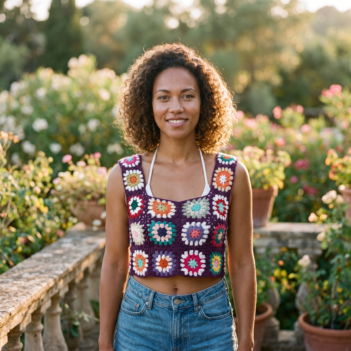 Crop-top au crochet granny squares fond violet porté par un modèle souriant