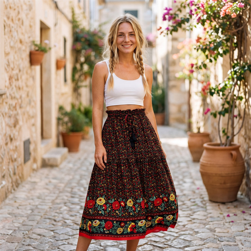 Jupe midi bohème fond sombre à fleurs portée par un modèle souriant
