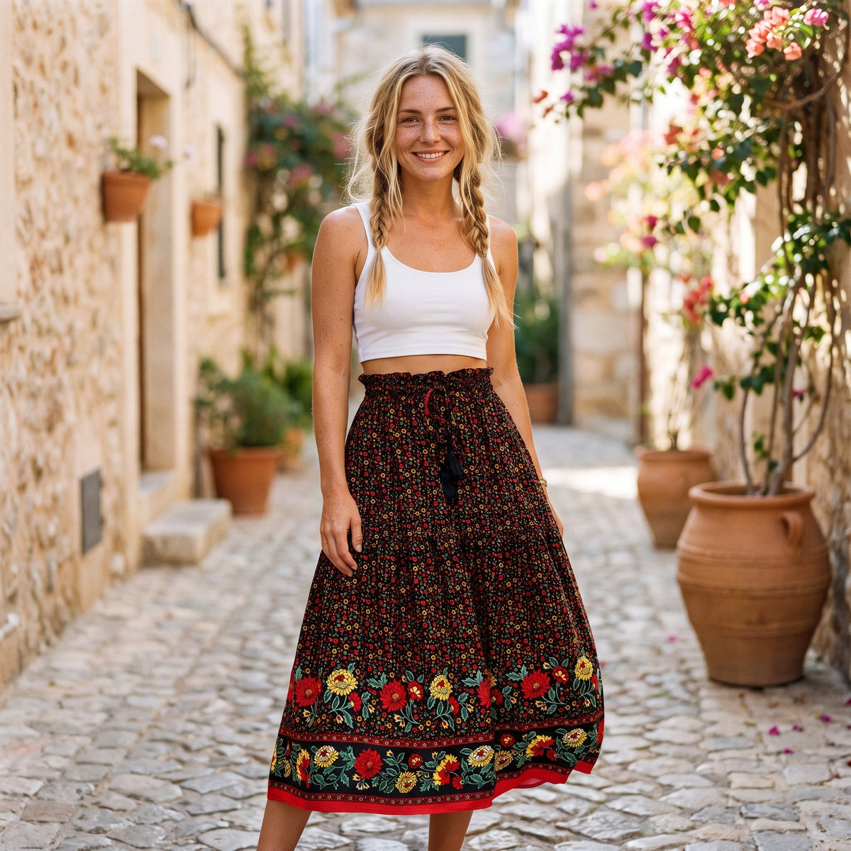 Jupe midi bohème fond sombre à fleurs portée par un modèle souriant