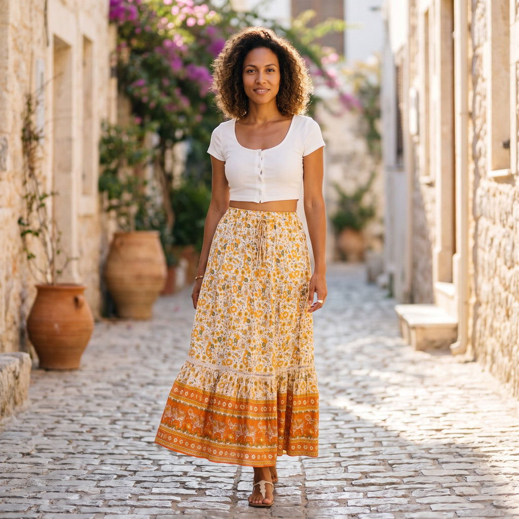 Jupe longue bohème crème à fleurs jaunes bordure orange portée par un modèle souriant