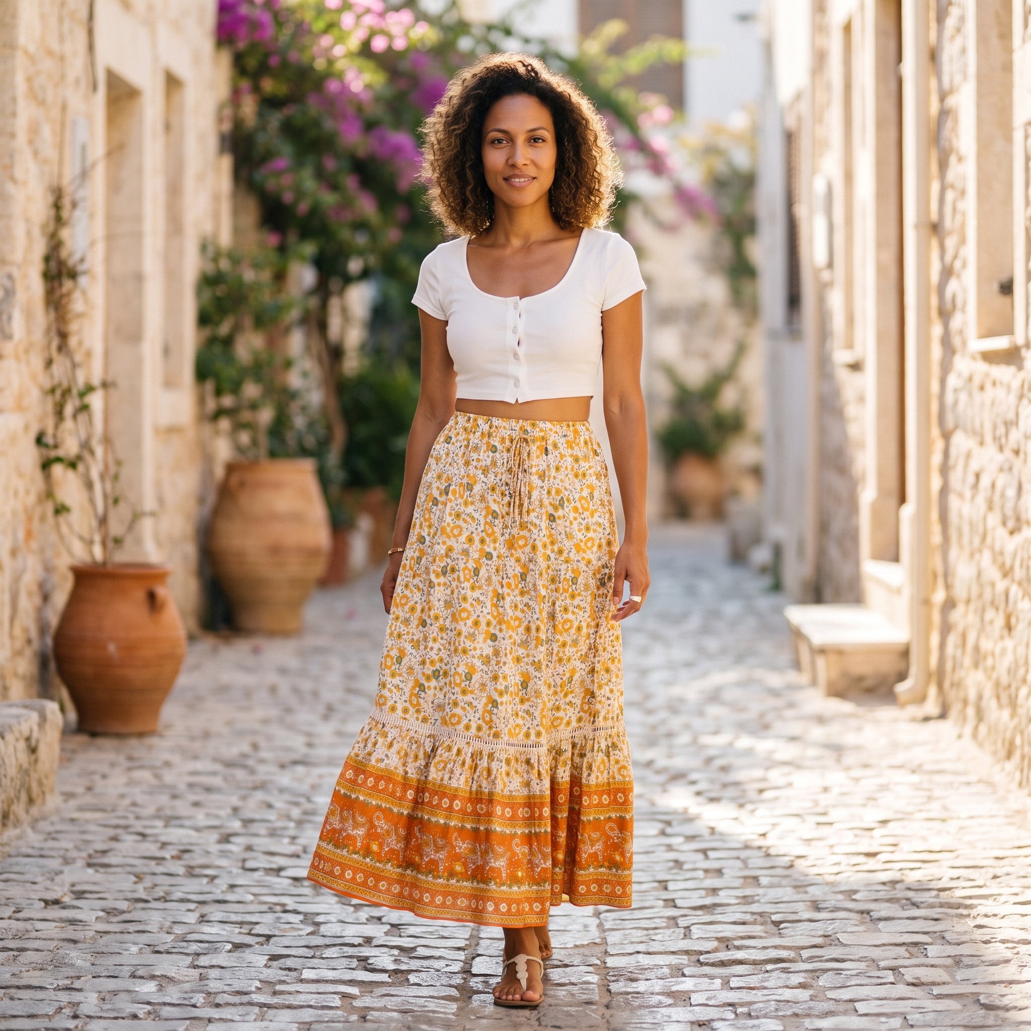 Jupe longue bohème crème à fleurs jaunes bordure orange portée par un modèle souriant Image