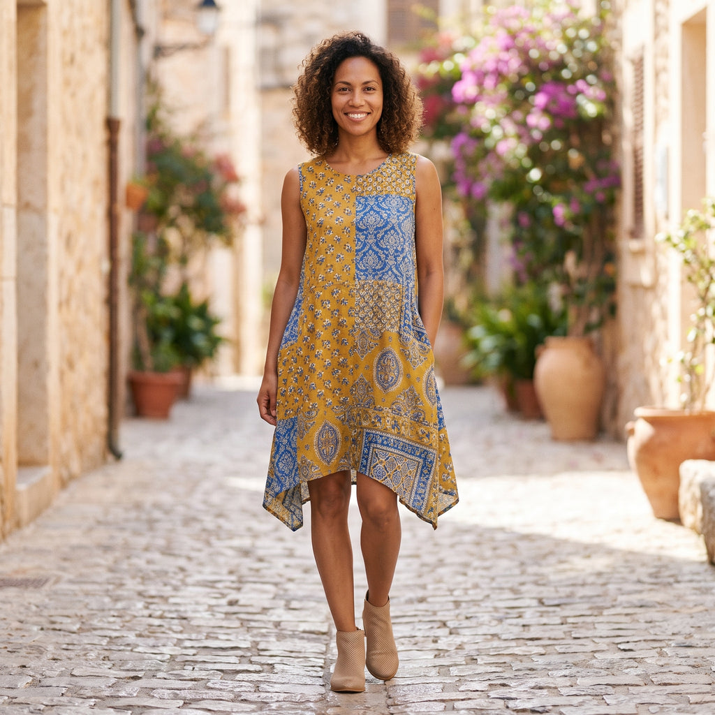 Robe-tunique bohème patchwork jaune moutarde portée par un modèle souriant