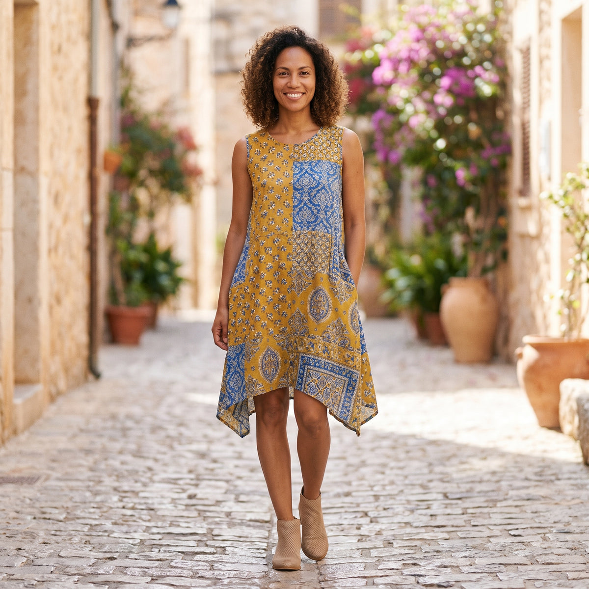 Robe-tunique bohème patchwork jaune moutarde portée par un modèle souriant